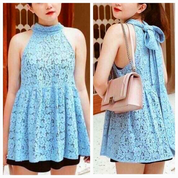 Zara Tops - Zara Blue Lace Babydoll Blouse XS Bow Halter Sleeveless Lolita Coquette Top
